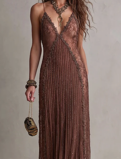 Elegant Brown Lace Maxi Dress for Women with Deep V Neck Spaghetti Strap Pleated Slip Style