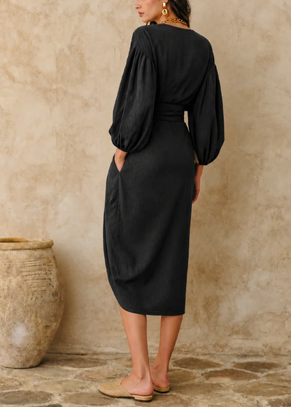 Elegant Black Dress for Women with Round Neck Lantern Sleeve Twist Front Ruched Midi Style