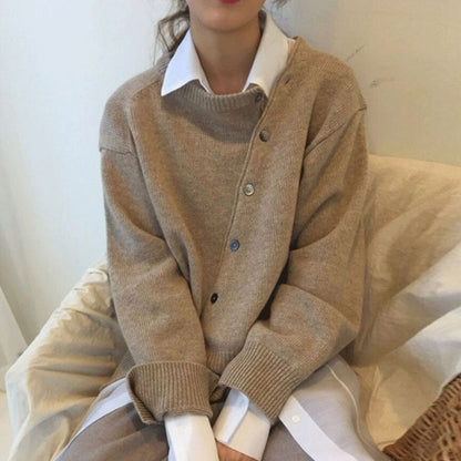 Cozy Oversized Knit Cardigan for Women with Round Neck Long Sleeve Button Front Relaxed Style