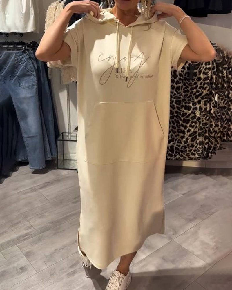 Comfortable Orange Hoodie Midi Dress for Women with Drawstring Hood Short Sleeve Kangaroo Pocket Relaxed Style