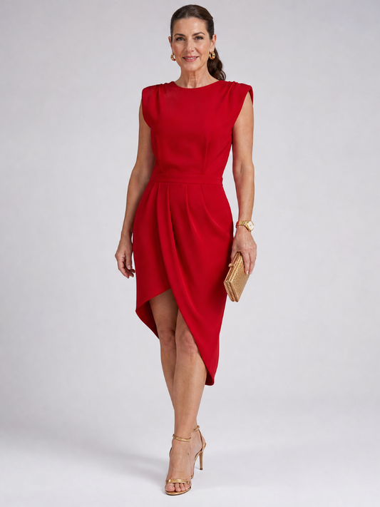 Elegant Midi Dress for Women with Round Neck Cap Sleeve Shoulder Pad Draped Asymmetric Hem Formal Style