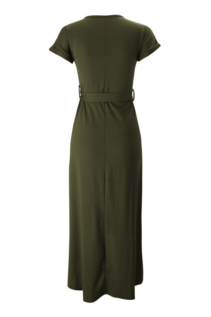 Effortless Knit Midi Dress for Women with Round Neck Cap Sleeve Wrap Tie Waist Slit Casual Style