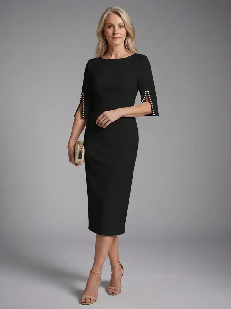 Elegant Midi Dress for Women with Bateau Neck Split Pearl Sleeve Fitted Formal Wedding Guest Style