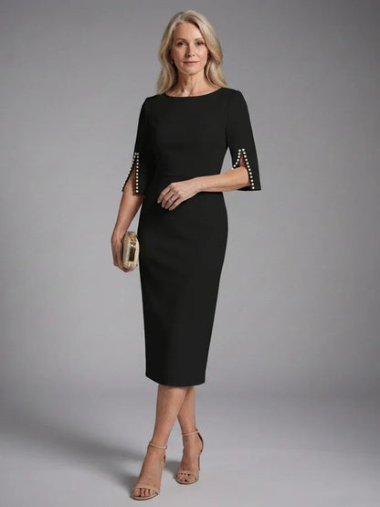 Elegant Midi Dress for Women with Bateau Neck Split Pearl Sleeve Fitted Formal Wedding Guest Style