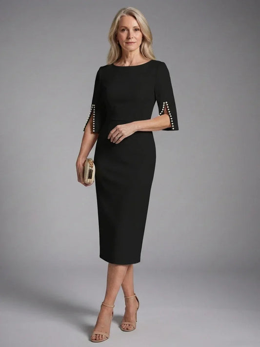 Elegant Midi Dress for Women with Bateau Neck Split Pearl Sleeve Fitted Formal Wedding Guest Style