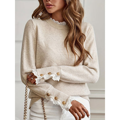 Comfortable Lace Trim Sweater for Women with High Neck Long Sleeve Button Cuff Relaxed Knit Style