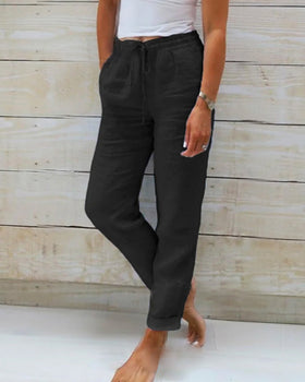 Effortless Linen Pants for Women with High Waist Drawstring Cuffed Hem Relaxed Casual Style