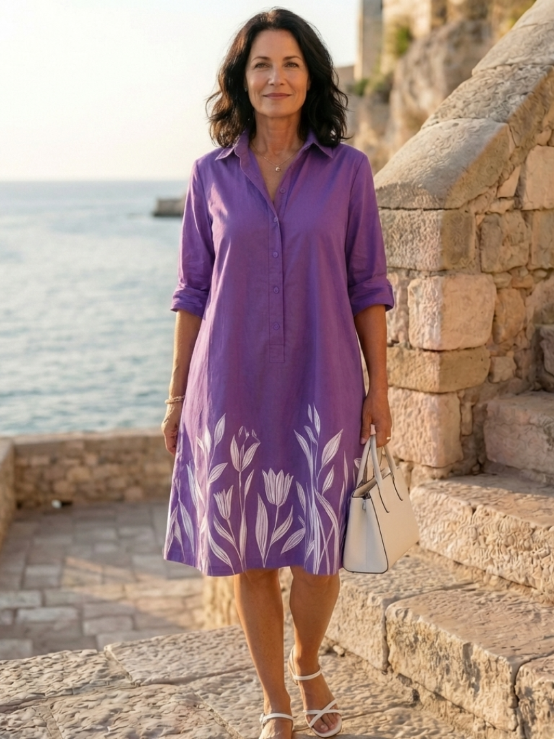 Elegant Purple Dress for Women with Collar Long Sleeve Floral Print Button Front Midi Style