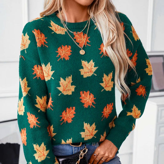 Comfortable Maple Leaf Print Sweater for Women with Crew Neck Long Sleeve Relaxed Oversized Knit Style