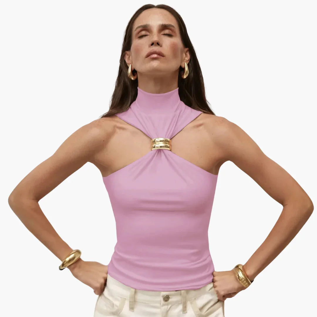 Elegant Halter Top for Women with Mock Neck Sleeveless Gold Ring Cutout Style