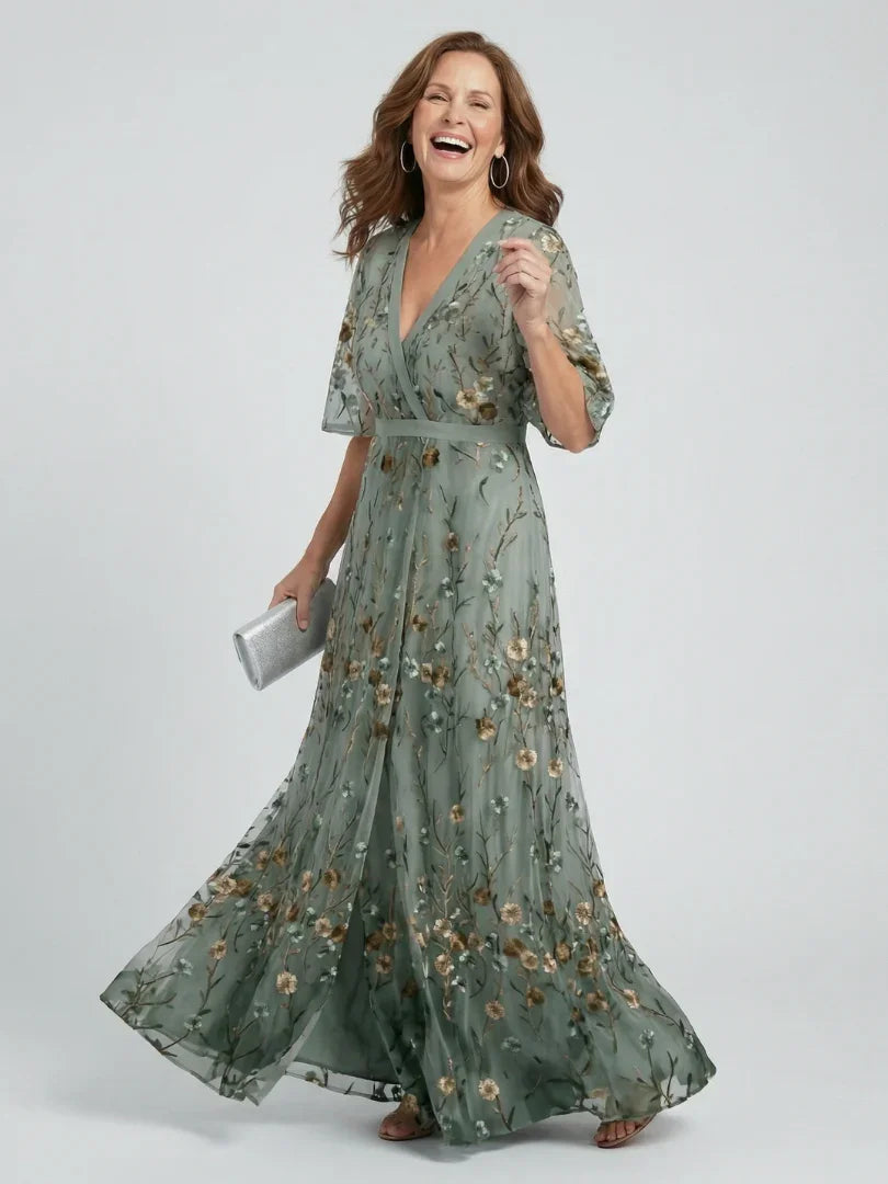 Elegant Sage Green Maxi Dress for Women with V-Neck Flutter Sleeve Floral Embroidered Wedding Guest Style