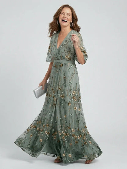 Elegant Sage Green Maxi Dress for Women with V-Neck Flutter Sleeve Floral Embroidered Wedding Guest Style