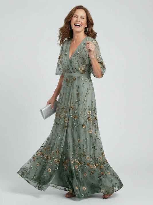 Elegant Sage Green Maxi Dress for Women with V-Neck Flutter Sleeve Floral Embroidered Wedding Guest Style