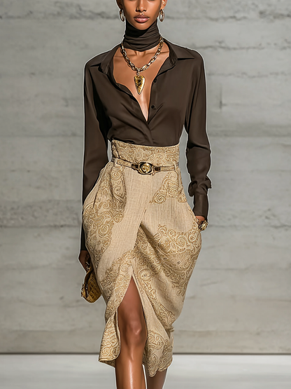 Effortless Two Piece Set for Women with Button Up Blouse Belted Wrap Midi Skirt Business Casual Style