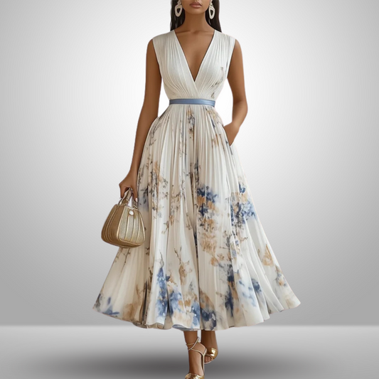 Elegant Floral Midi Dress for Women with V Neck Sleeveless Pleated Skirt Belted Waist Formal Style