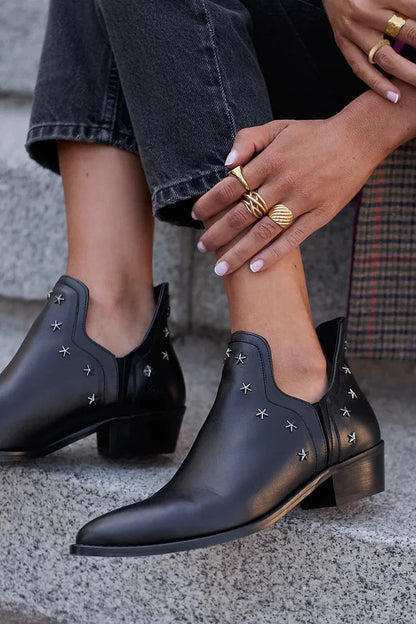 Elegant Black Leather Ankle Boots for Women with Pointed Toe Star Studded Western Style
