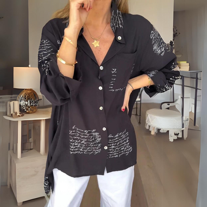 Effortless Script Print Shirt for Women with Collar Long Sleeve Oversized Casual Style
