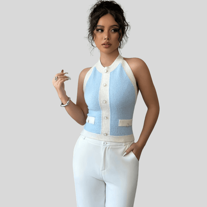 Effortless Blue and White Colorblock Halter Top for Women with High Neck Button Front Cropped Knit Style