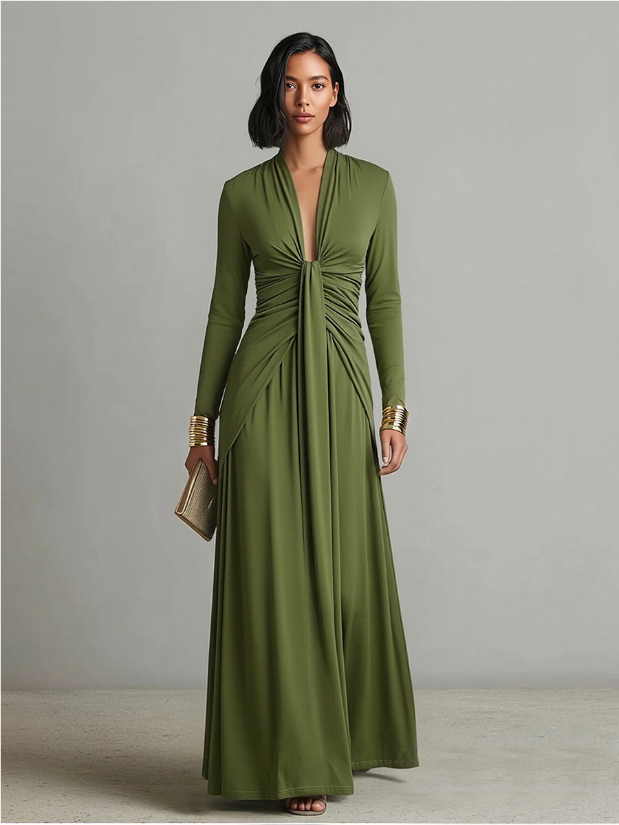 Elegant Green Dress for Women with Deep V Neck Twist Knot Waist Long Sleeve Ruched Formal Wedding Guest Style