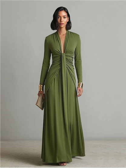 Elegant Green Dress for Women with Deep V Neck Twist Knot Waist Long Sleeve Ruched Formal Wedding Guest Style
