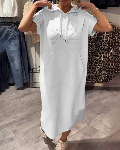 Comfortable Orange Hoodie Midi Dress for Women with Drawstring Hood Short Sleeve Kangaroo Pocket Relaxed Style