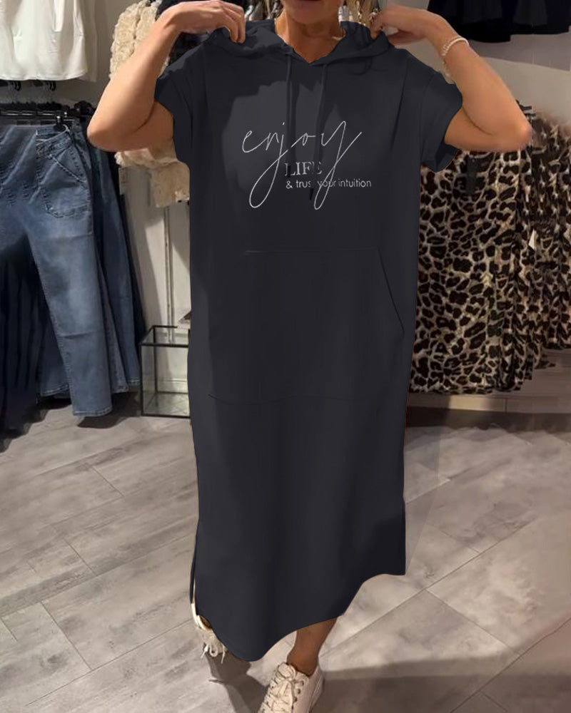 Comfortable Orange Hoodie Midi Dress for Women with Drawstring Hood Short Sleeve Kangaroo Pocket Relaxed Style