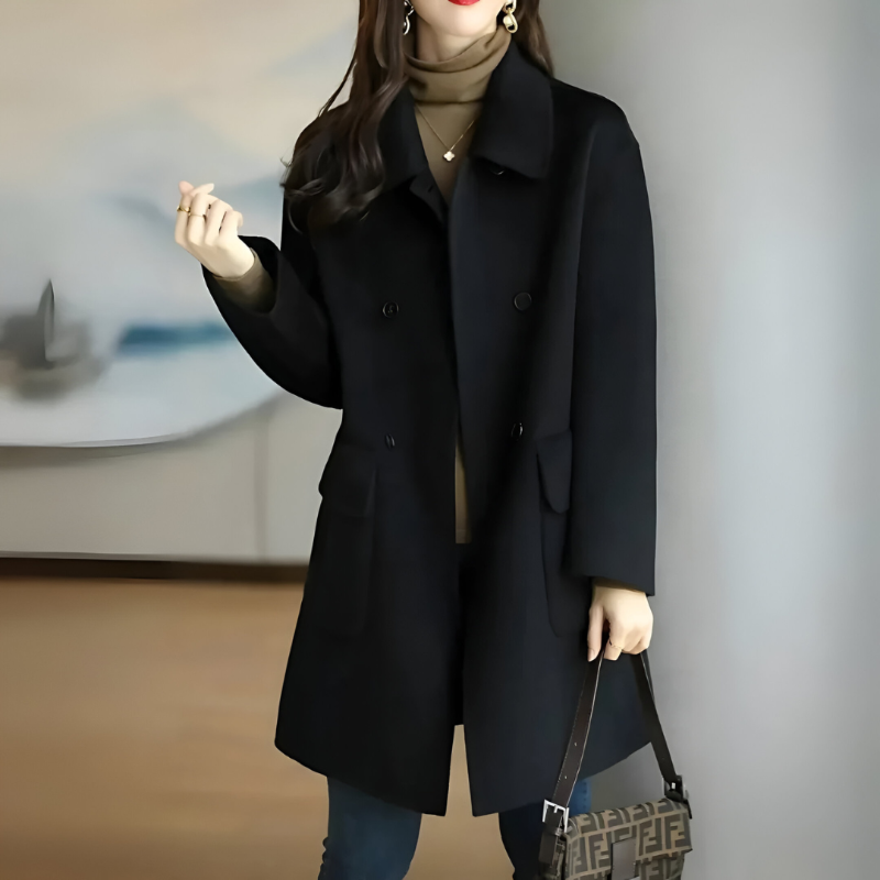 Elegant Wool Coat for Women with Notch Lapel Long Sleeve Double Breasted Relaxed Style