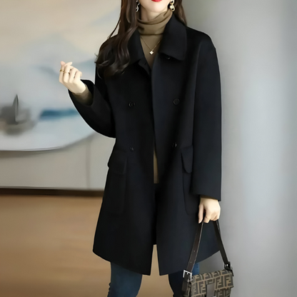 Elegant Wool Coat for Women with Notch Lapel Long Sleeve Double Breasted Relaxed Style