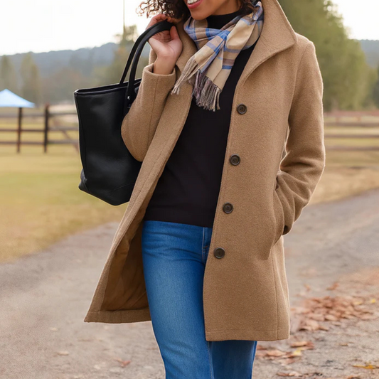 Elegant Wool Coat for Women with Notch Collar Long Sleeve Button Front Tailored Style