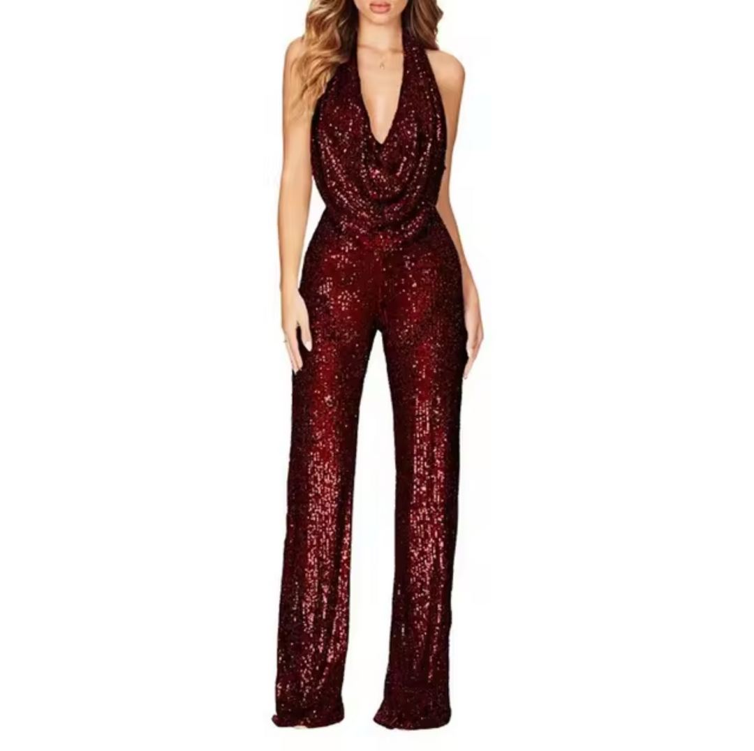 Elegant Sequin Jumpsuit for Women with Halter Cowl Neck Sleeveless Wide Leg Sparkle Formal Party Style
