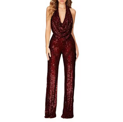 Elegant Sequin Jumpsuit for Women with Halter Cowl Neck Sleeveless Wide Leg Sparkle Formal Party Style