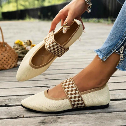 Comfortable Mary Jane Shoes for Women with Pointed Toe Knit Strap Flat Slip On Style