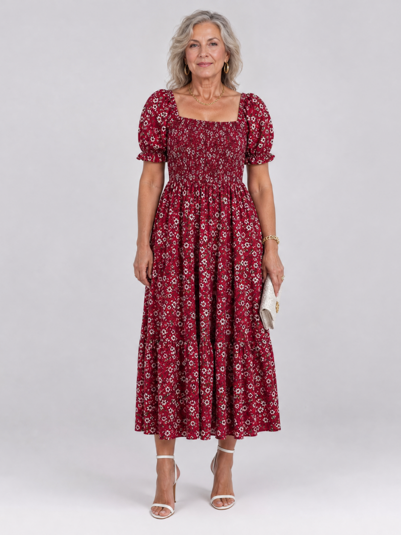 Effortless Floral Midi Dress for Women with Square Neck Puff Sleeve Smocked Bodice A Line Casual Style