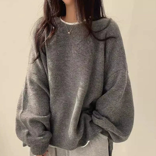 Comfortable Oversized Sweater for Women with Crew Neck Balloon Sleeve Ribbed Cuff Relaxed Knit Style