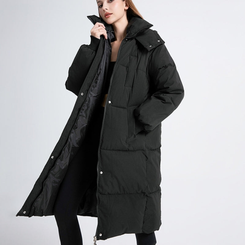 Warm Black Long Hooded Puffer Coat for Women with Zip Front Belted Waist Quilted Insulated Winter Style