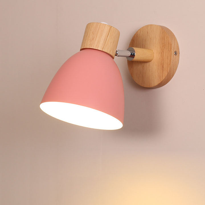 Macaron Wall Lamp Wood Metal Adjustable Shade Pull-Chain Nordic Bedside Sconce Wall Light