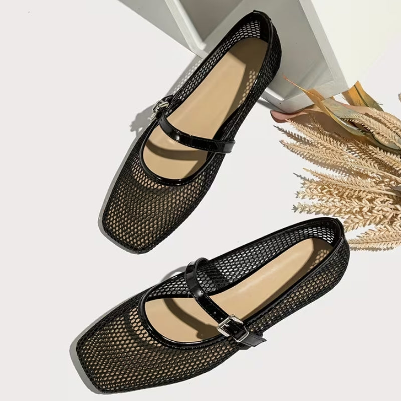 Comfortable Mary Jane Shoes for Women with Square Toe Mesh Strap Flat Breathable Style
