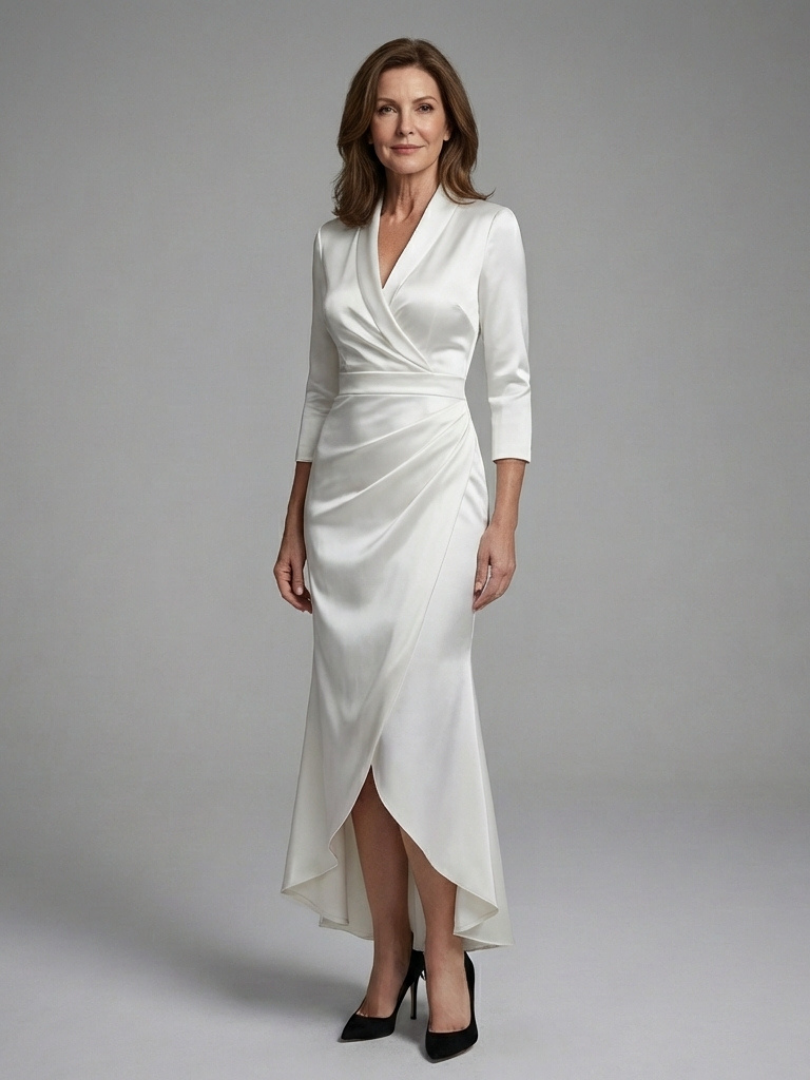 Elegant Ivory Satin Cocktail Dress for Women with V Neck Elbow Sleeve Wrap High Low Formal Style