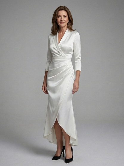 Elegant Ivory Satin Cocktail Dress for Women with V Neck Elbow Sleeve Wrap High Low Formal Style