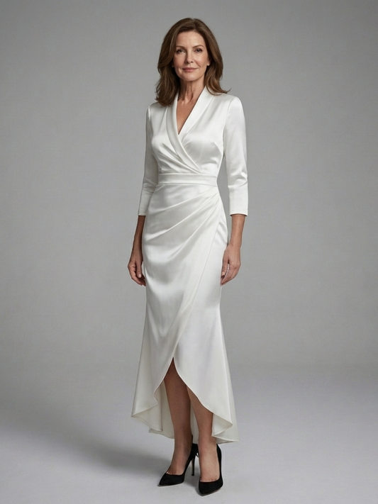 Elegant Ivory Satin Cocktail Dress for Women with V Neck Elbow Sleeve Wrap High Low Formal Style