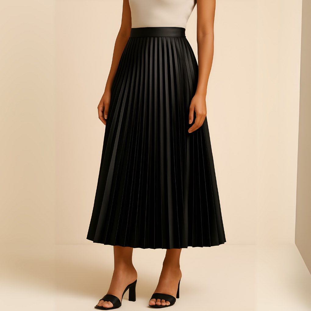 Elegant Pleated Faux Leather Maxi Skirt for Women with High Waist A Line Flowing Style