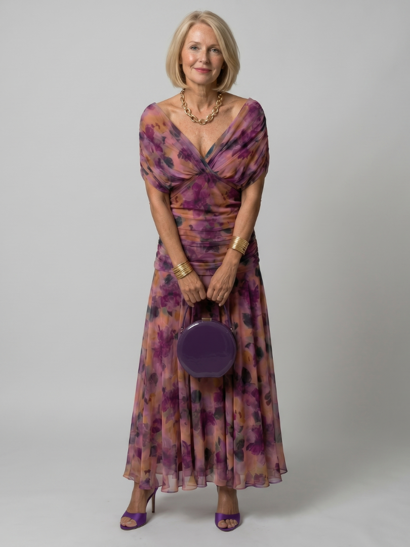 Elegant Purple Dress for Women with V Neck Flutter Sleeve Floral Ruched Maxi Wedding Guest Style