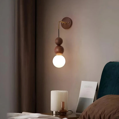 Walnut Wall Lamp Brass Accent Glass Globe Mid-Century Bedside Sconce Wall Light