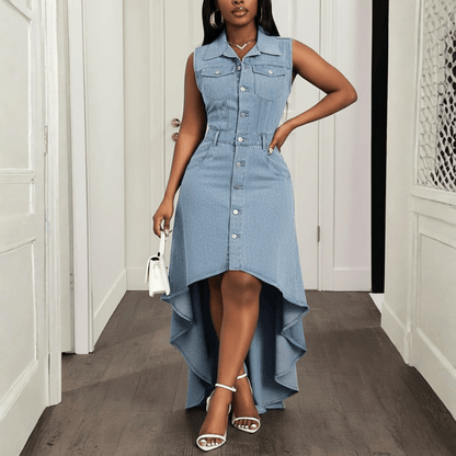 Elegant Blue Denim Maxi Dress for Women with Collared Sleeveless Button Front High Low Style