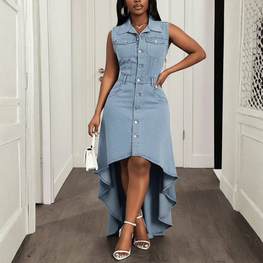Elegant Blue Denim Maxi Dress for Women with Collared Sleeveless Button Front High Low Style