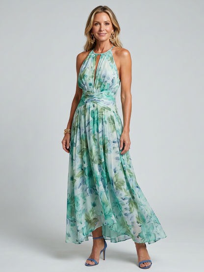Elegant Green Floral Chiffon Cocktail Dress for Women with Halter Neck Ruched Waist High Low Flowing Style