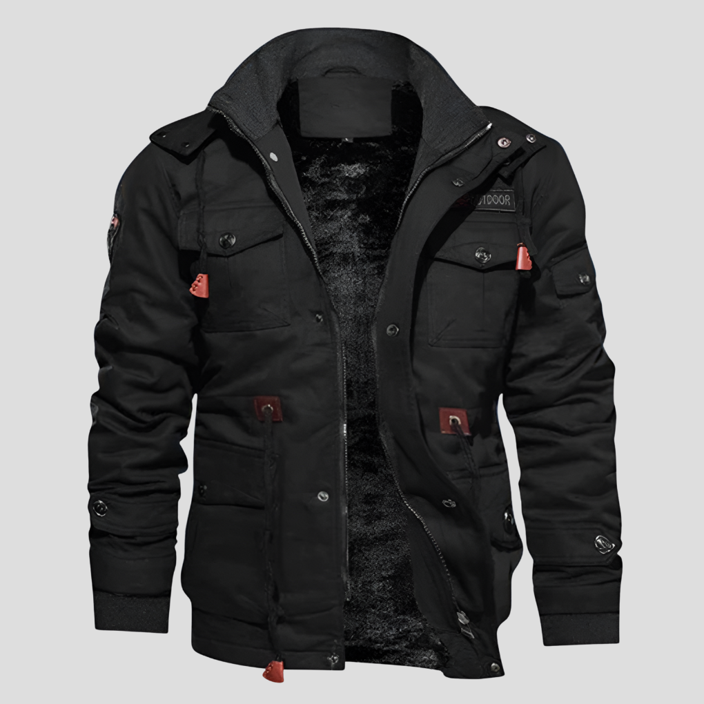Cozy Hooded Field Jacket for Men with Drawcord Hood Long Sleeve Button Zip Cargo Pocket Style