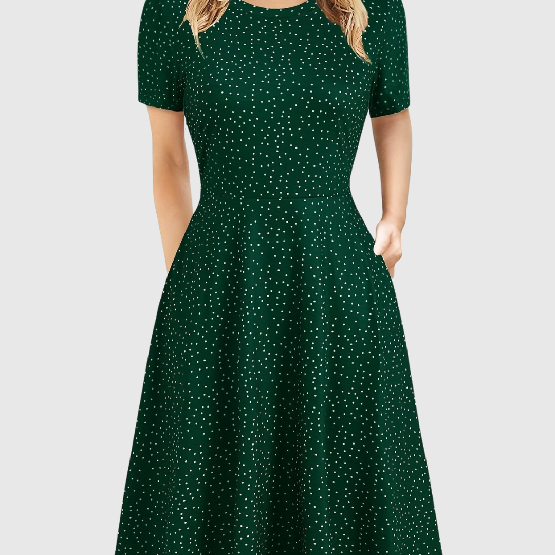 Elegant A Line Dress for Women with Round Neck Short Sleeve Fit and Flare Midi Casual Retro Style