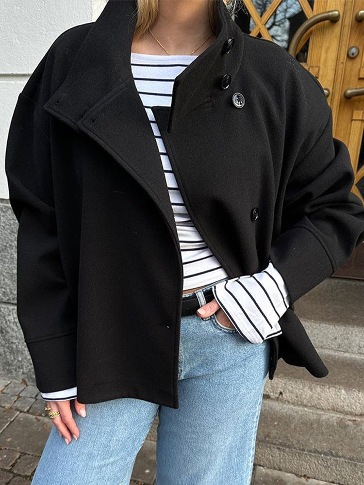 Elegant Wool Jacket for Women with Funnel Neck Long Sleeve Oversized Cropped Casual Style