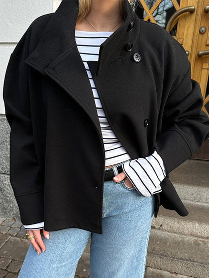 Elegant Wool Jacket for Women with Funnel Neck Long Sleeve Oversized Cropped Casual Style